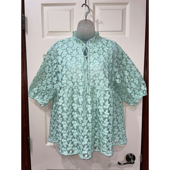 Marc New York Andrew Marc Mint Green Floral Lace Blouse XS Ruffle Collar Sheer P - Picture 6 of 9